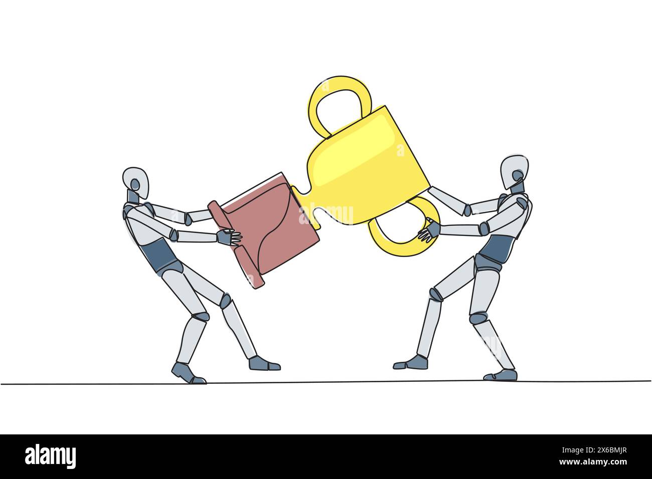 Una sola linea disegna due robot arrabbiati che combattono per il trofeo. Non ci sono co-campioni. I due robot sono tenuti a contestare di nuovo le idee. Futuro te Illustrazione Vettoriale