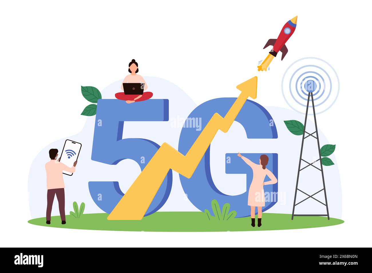 Connessione di rete 5G ad alta velocità. Le persone più piccole caricano dati e navigano su Internet con caratteri 5G e velocizzano il lancio dei razzi, inviano segnali a smartphone e laptop dall'illustrazione vettoriale dei cartoni animati delle telecomunicazioni Illustrazione Vettoriale