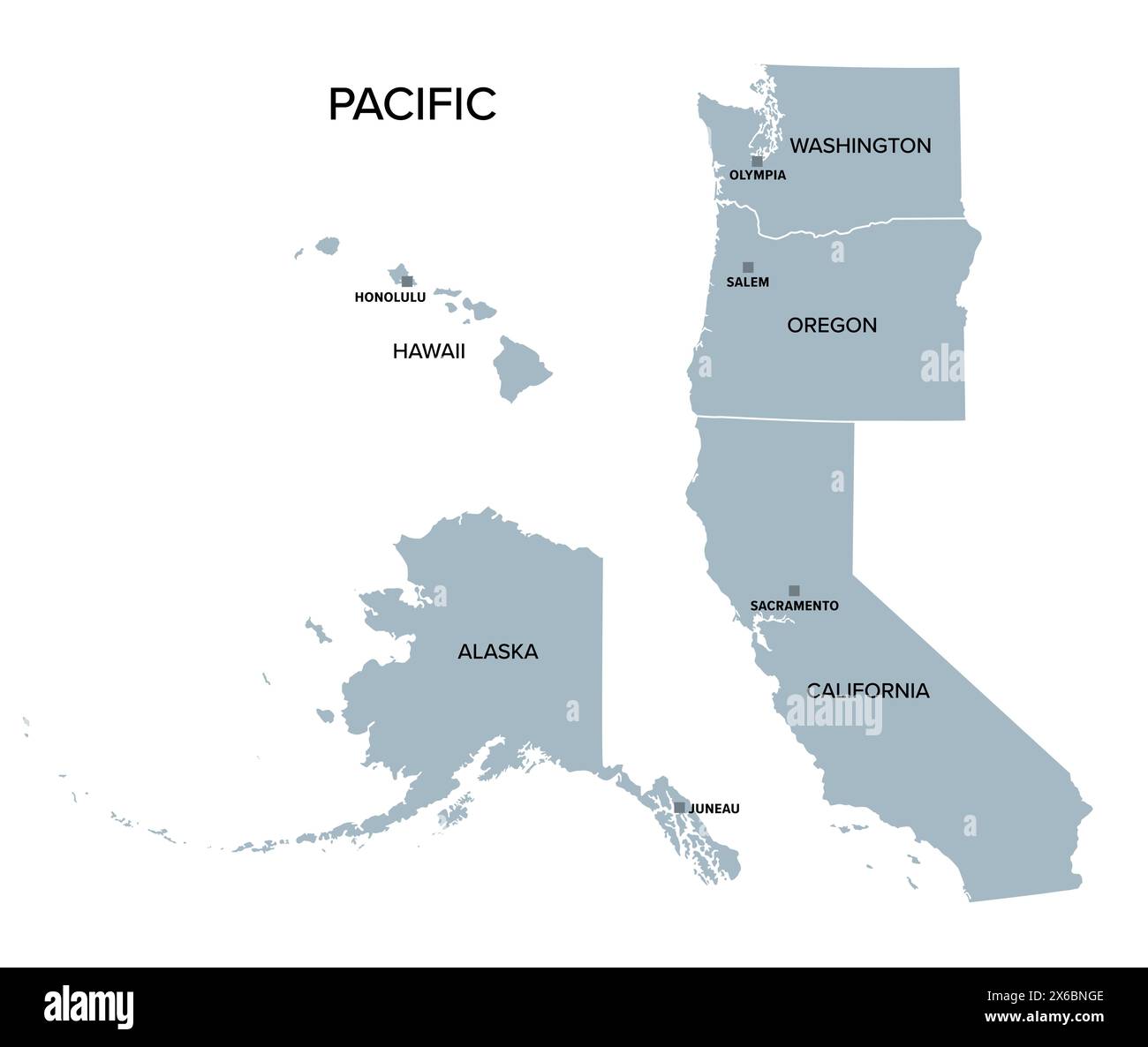 stati del Pacifico, costa occidentale degli Stati Uniti, mappa politica grigia. Divisione del censimento degli Stati Uniti della regione occidentale. Foto Stock