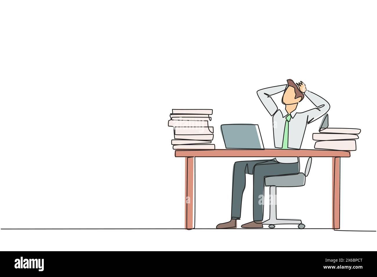 Una linea continua che attira un uomo d'affari seduto sulla sedia da ufficio. Stressante vedere il prezzo delle azioni sullo schermo di un notebook che non aumenta. Autobus stressante Illustrazione Vettoriale