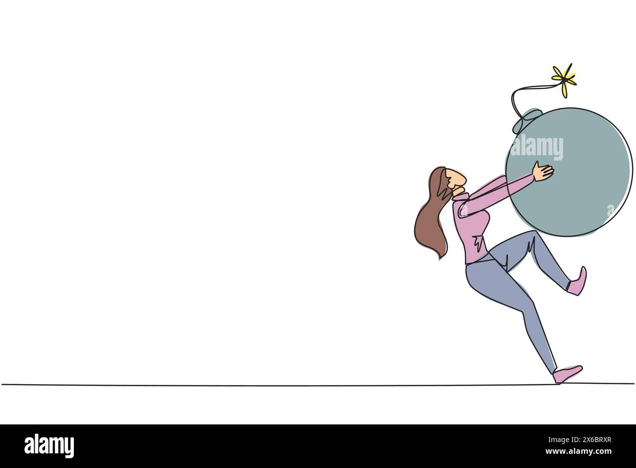 Una sola linea disegna una giovane donna d'affari che trasporta una bomba con una miccia in fiamme. Il concetto di tenere il pericolo lontano dal contesto imprenditoriale a sur Illustrazione Vettoriale
