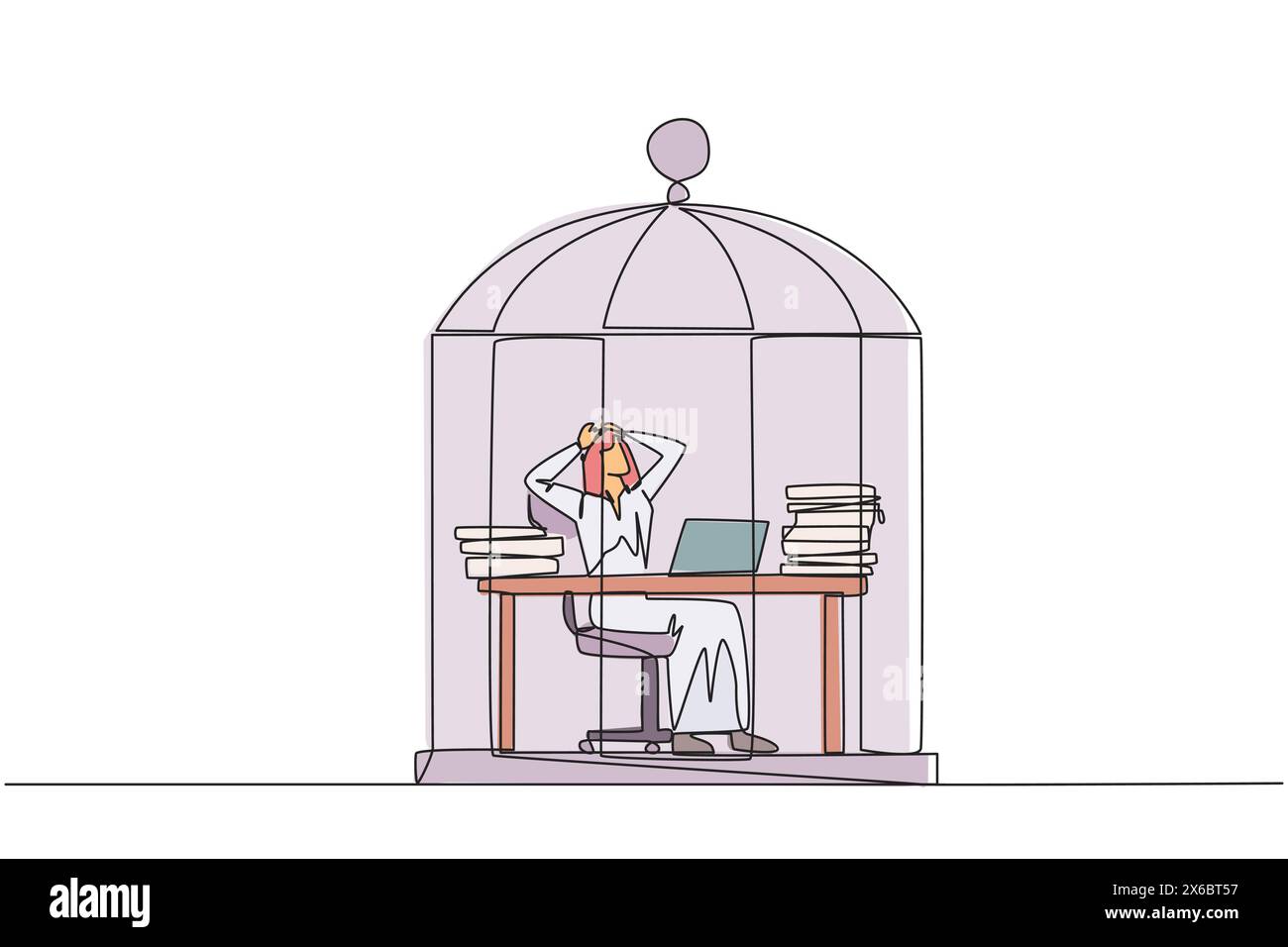 Una sola linea che attira un uomo d'affari arabo intrappolato in una gabbia seduta su una sedia da ufficio che tiene la testa. Essere in una trappola di routine. Stanco e irritato con il d Illustrazione Vettoriale