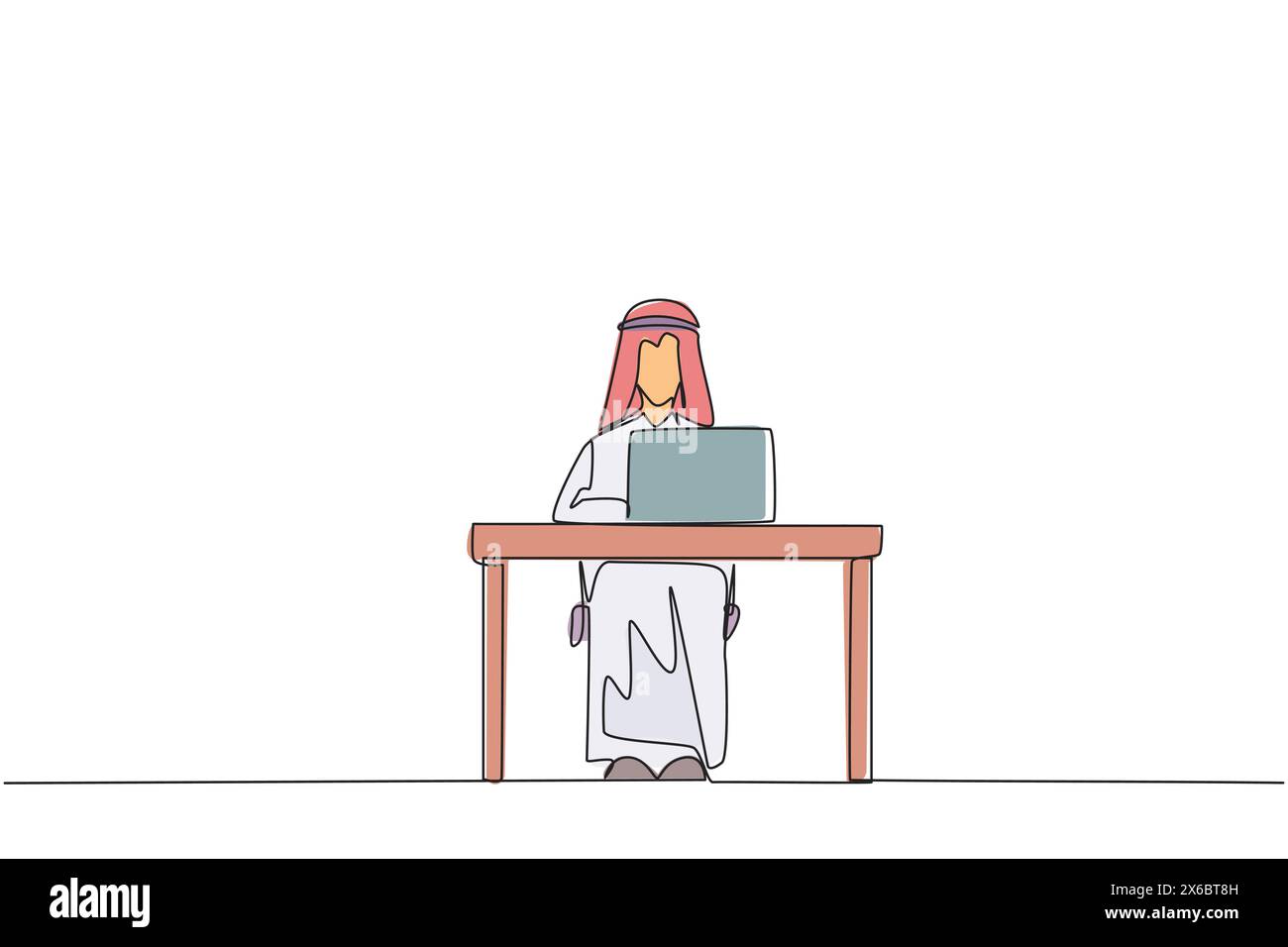 Una linea continua che attira un uomo d'affari arabo seduto e digita sul computer portatile. Preparare dati importanti da presentare di fronte a nuovi investitori. Lui Illustrazione Vettoriale