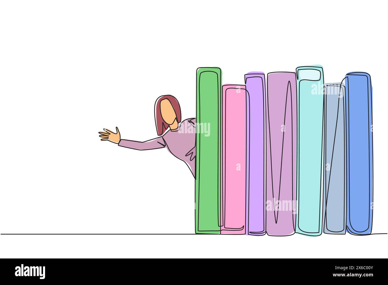 Una sola linea che disegna una donna appare da dietro una fila di libri. Invito a leggere libri in biblioteca. Mi piace leggere un libro. Festival del libro con Illustrazione Vettoriale