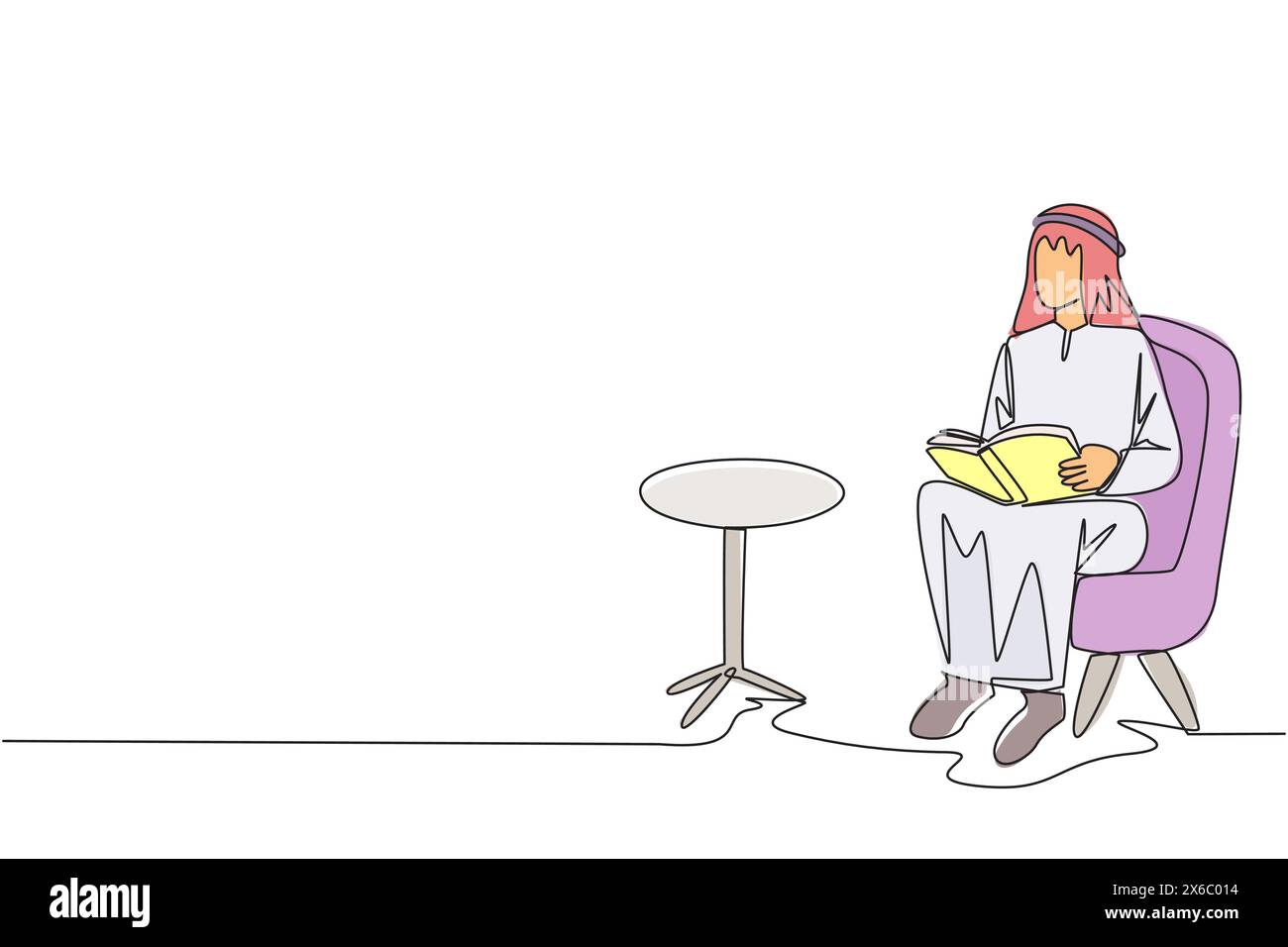 Una sola linea disegna un uomo arabo seduto a leggere sul divano. Lettura focalizzata in salotto. Alleviare l'affaticamento dalle attività quotidiane. Festival del libro co Illustrazione Vettoriale