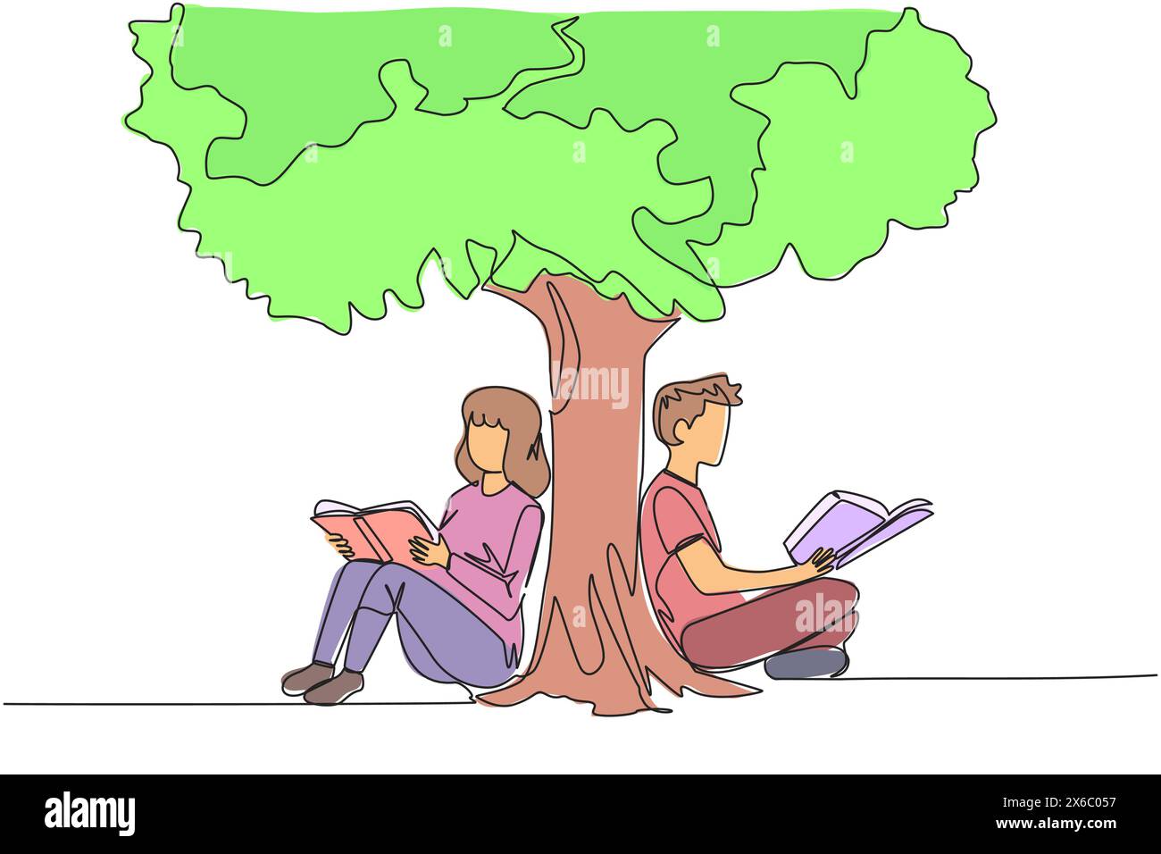 Singola linea continua che disegna uomo donna seduta a leggere il libro sotto l'albero ombreggiato. Continuando il secondo volume del libro di narrativa. Buona lettura Illustrazione Vettoriale