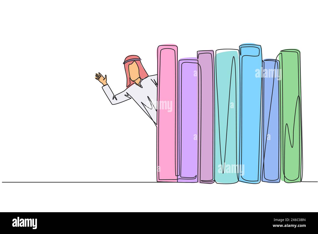 Una sola linea che disegna un uomo arabo appare da dietro una fila di libri. Invito a leggere i libri in biblioteca. Mi piace leggere un libro. Festa del libro Illustrazione Vettoriale