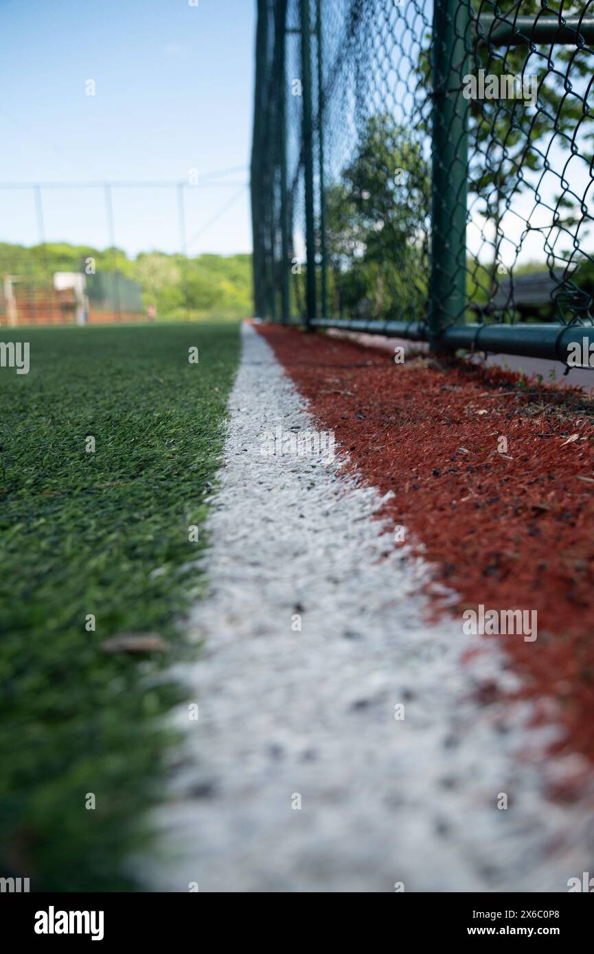 primo piano della linea bianca sul campo da calcio Foto Stock