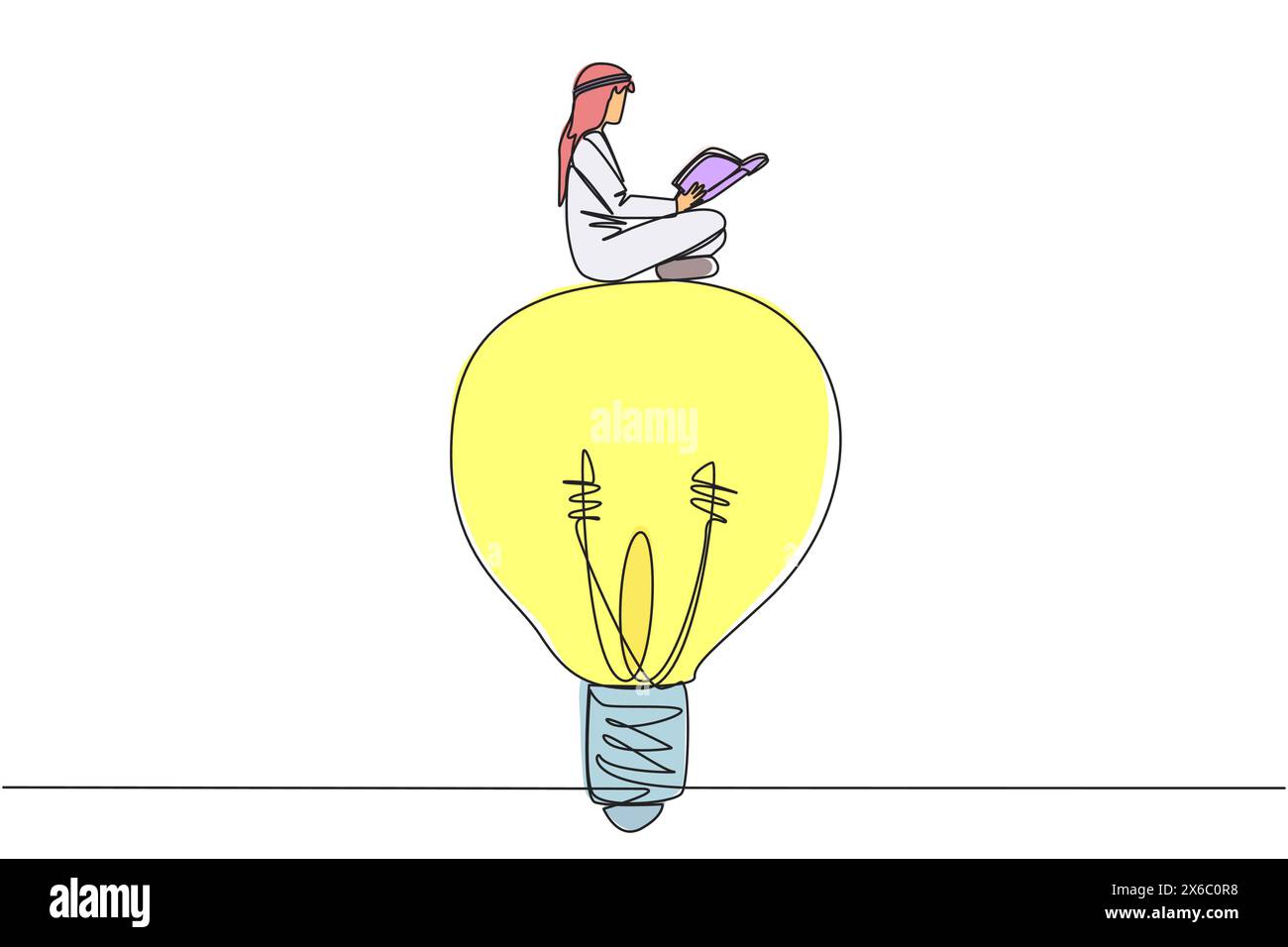 Una sola linea che disegna un uomo arabo seduto su una grande lampadina. Leggi con attenzione e serietà. Metafora alla ricerca di un'idea brillante dal libro scientifico. B Illustrazione Vettoriale