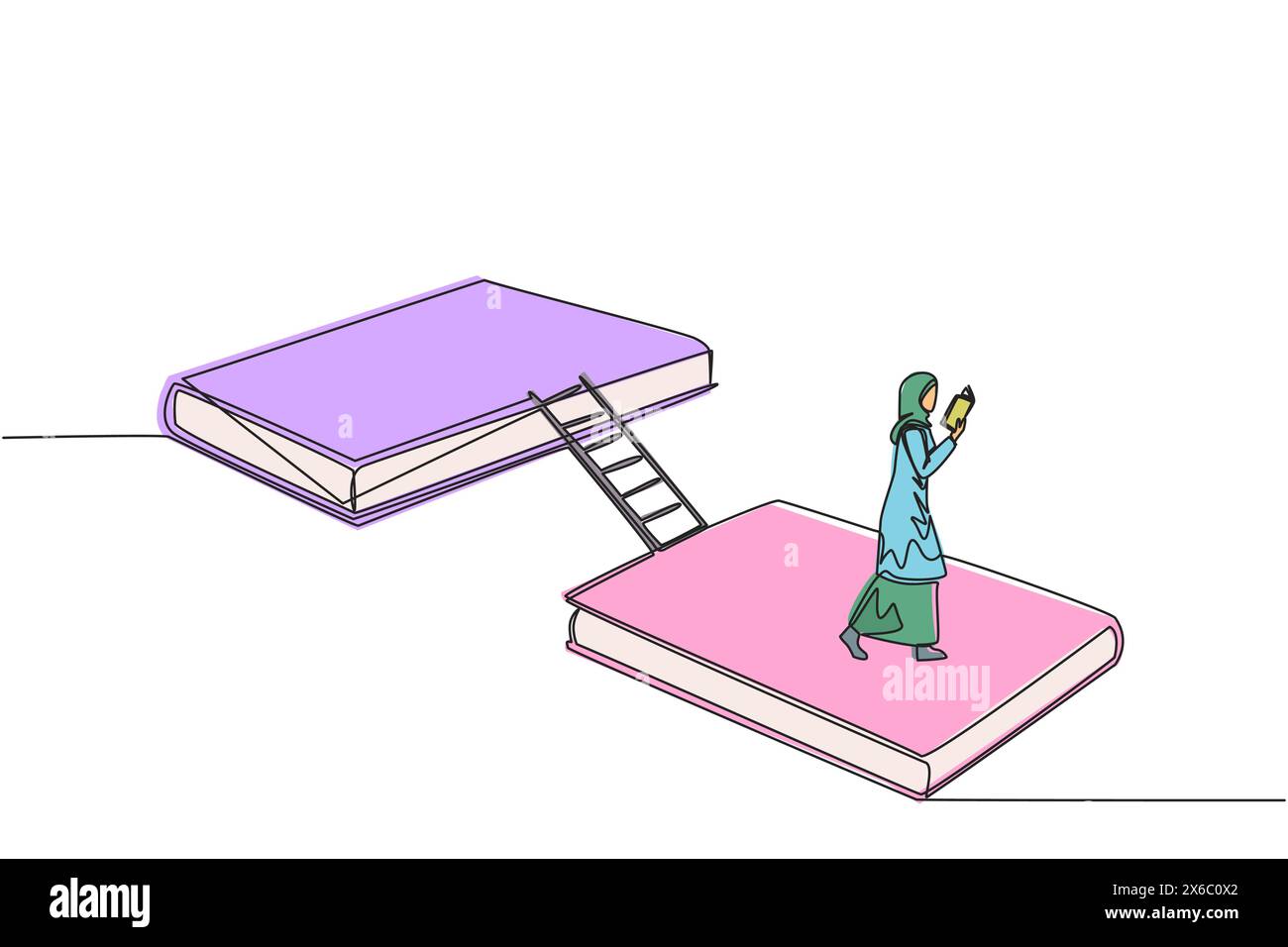 Singola linea continua che disegna una donna araba che cammina leggendo sul libro. Concetto di esposizione di libri. Mostra molti libri, libri scientifici a storie di finzione B. Illustrazione Vettoriale