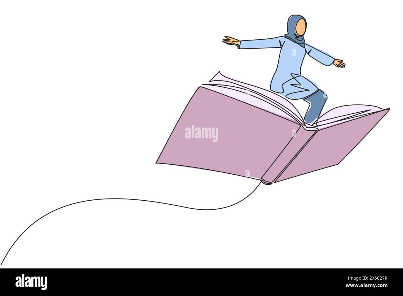 Singola linea continua che disegna una donna araba in piedi su un grande libro aperto volante. Come guidare una nuvola, in grado di volare il più in alto possibile. Incrementi di lettura Illustrazione Vettoriale