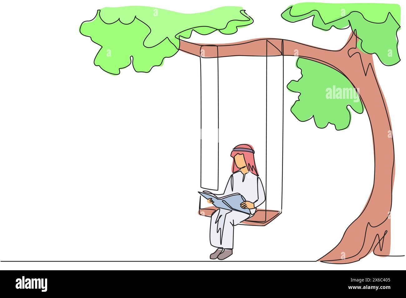 Una linea continua che disegna l'uomo arabo seduto su un'altalena sotto un libro di lettura dell'albero ombreggiato. Grande entusiasmo per la lettura. Legga ovunque. La lettura aumenta in Illustrazione Vettoriale