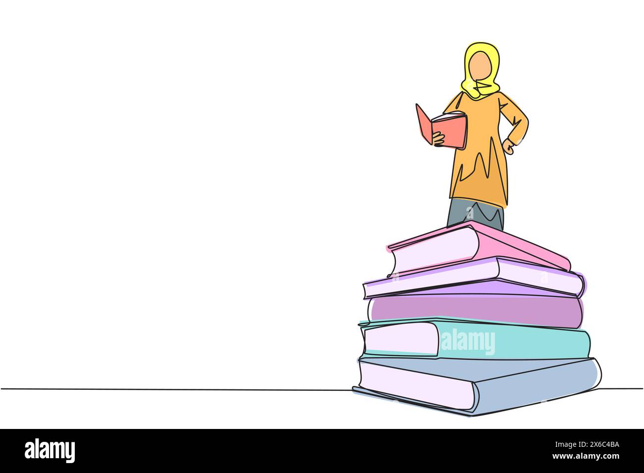 Una linea continua che disegna una donna araba in piedi su una pila di libri che leggono libri di narrativa. Incuriosito dalle serie di libri. Leggi ovunque per finire di leggere Illustrazione Vettoriale