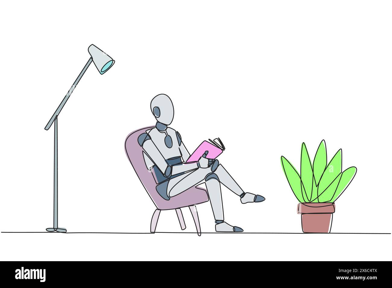 Linea singola continua che disegna la lettura intelligente del robot seduto nella stanza con la lampada da lettura. Trascorrere le vacanze aumentando la conoscenza leggendo i libri. Illustrazione Vettoriale