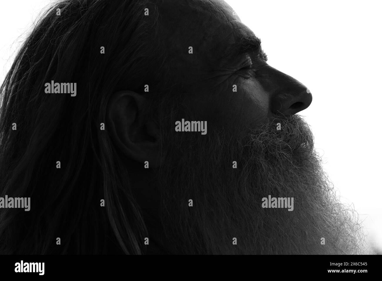Un ritratto di profilo scuro di un uomo barbuto a occhi chiusi Foto Stock