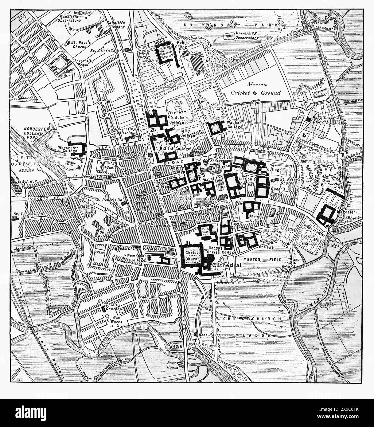 Mappa della città di Oxford, Inghilterra. Fine del XIX secolo. Black and White Illustration from Our Own Country Vol III pubblicato da Cassell, Petter, Galpin & Co. Alla fine del XIX secolo. Foto Stock