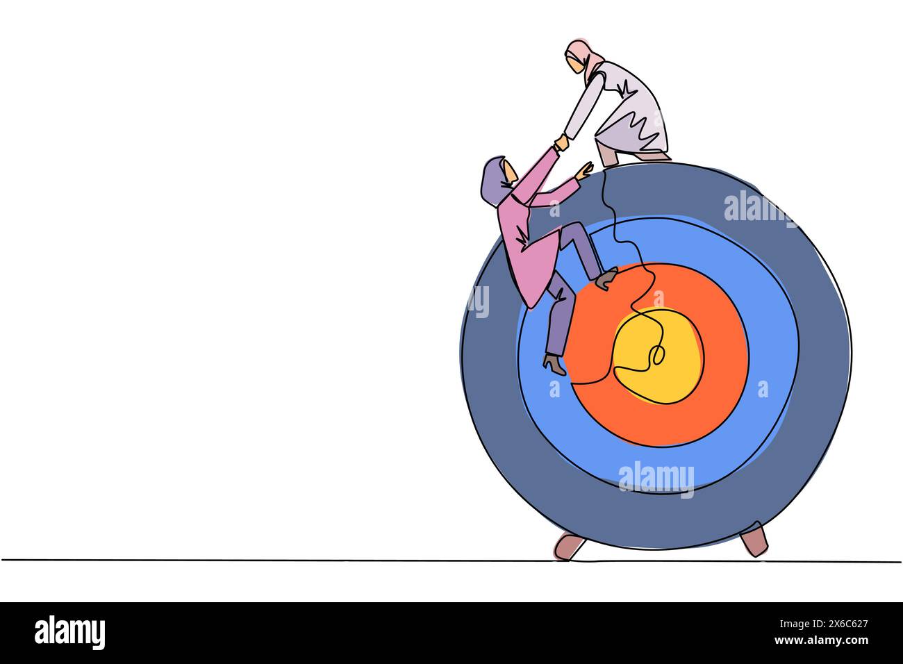 Una sola linea disegnando una donna d'affari araba aiuta la collega a scalare il bersaglio della freccia. Le metafore aiutano a concentrarsi sul completamento delle attività una alla volta. Insieme Illustrazione Vettoriale