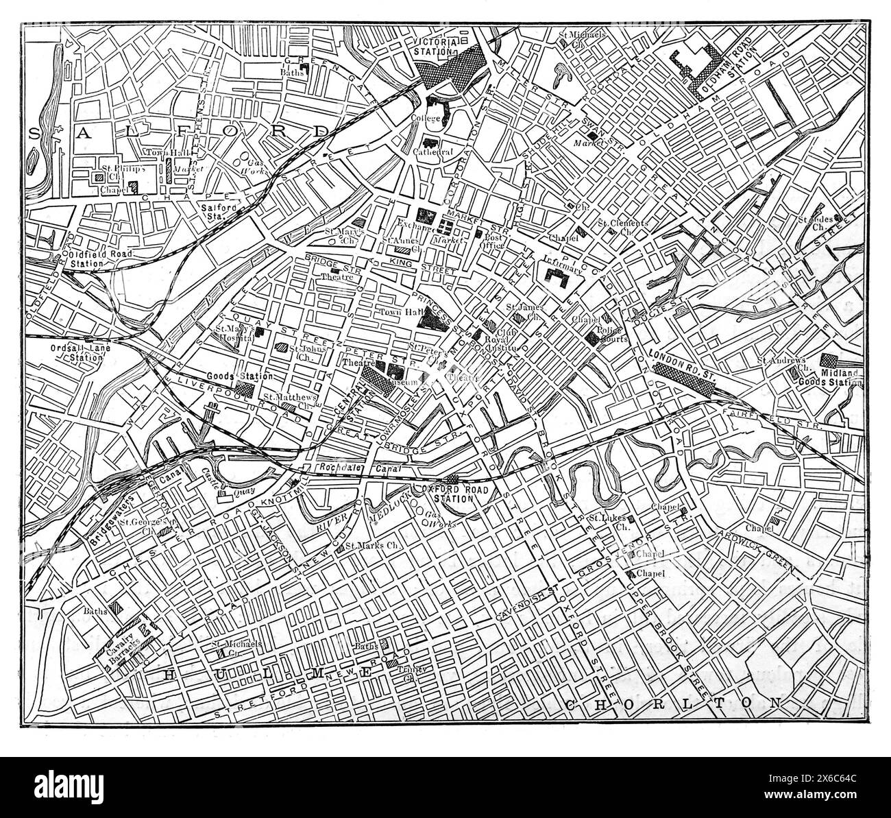 Mappa delle città di Manchester e Salford. Fine del XIX secolo. Black and White Illustration from Our Own Country Vol III pubblicato da Cassell, Petter, Galpin & Co. Alla fine del XIX secolo. Foto Stock