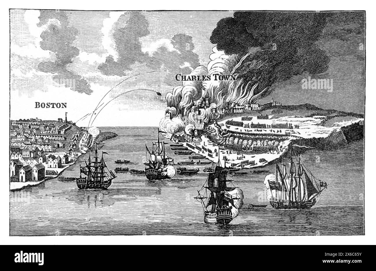 Attacco a Bunker Hill e all'incendio di Charlestown, durante la guerra di indipendenza americana, il 17 giugno 1775. Illustrazione in bianco e nero. Foto Stock