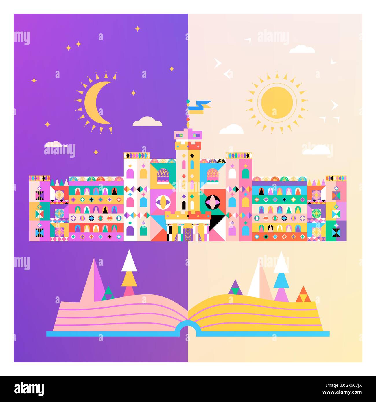 Concetto di castello di giorno e notte Illustrazione Vettoriale