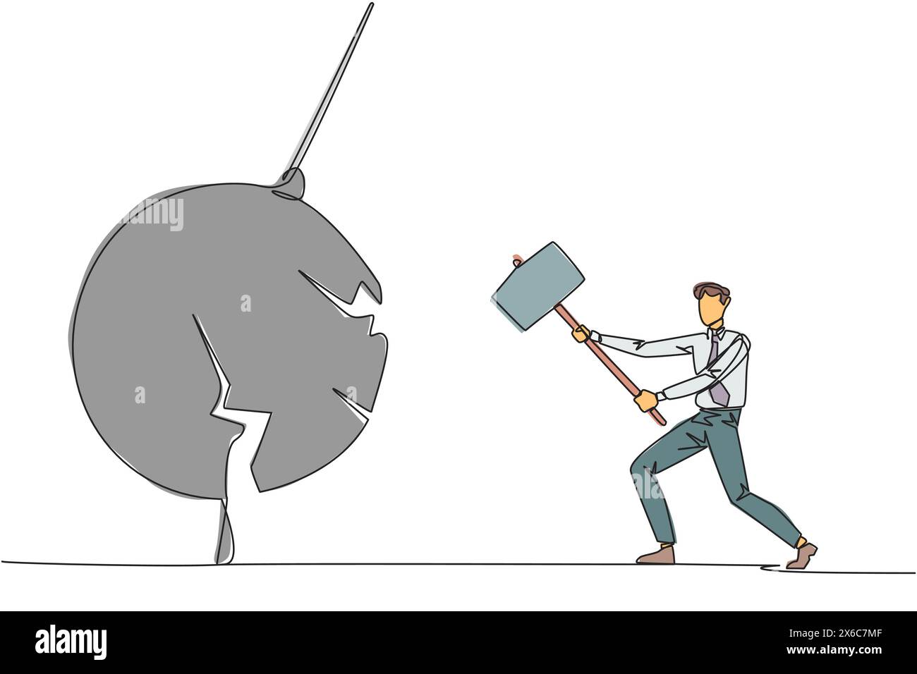 Un uomo d'affari con una sola linea che si prepara a colpire un grande pendolo oscillante. La metafora elimina le distrazioni aziendali. Numero uno per essere un business ke Illustrazione Vettoriale