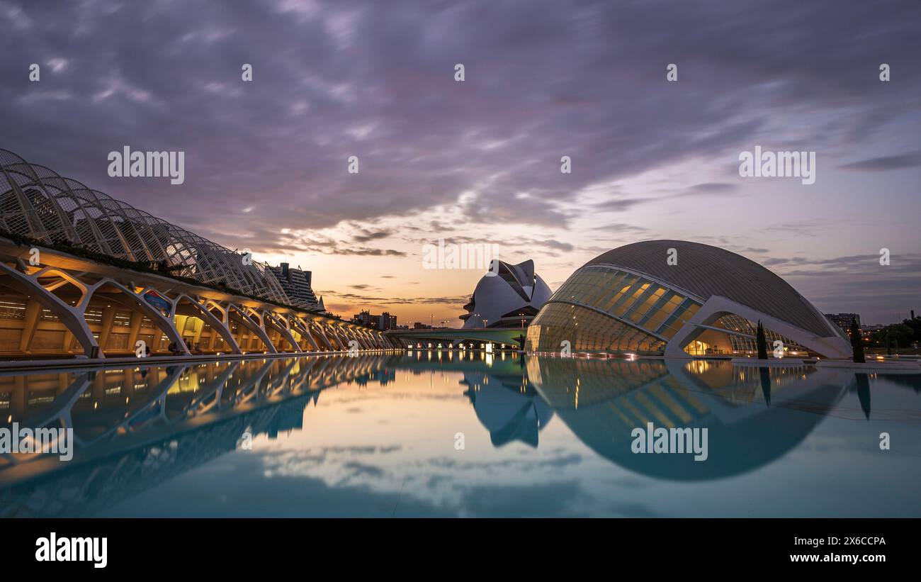 Vista degli edifici futuristici delle Arti e delle Scienze di Valencia. Sono stati progettati dal famoso architetto spagnolo Santiago Calatrava Foto Stock