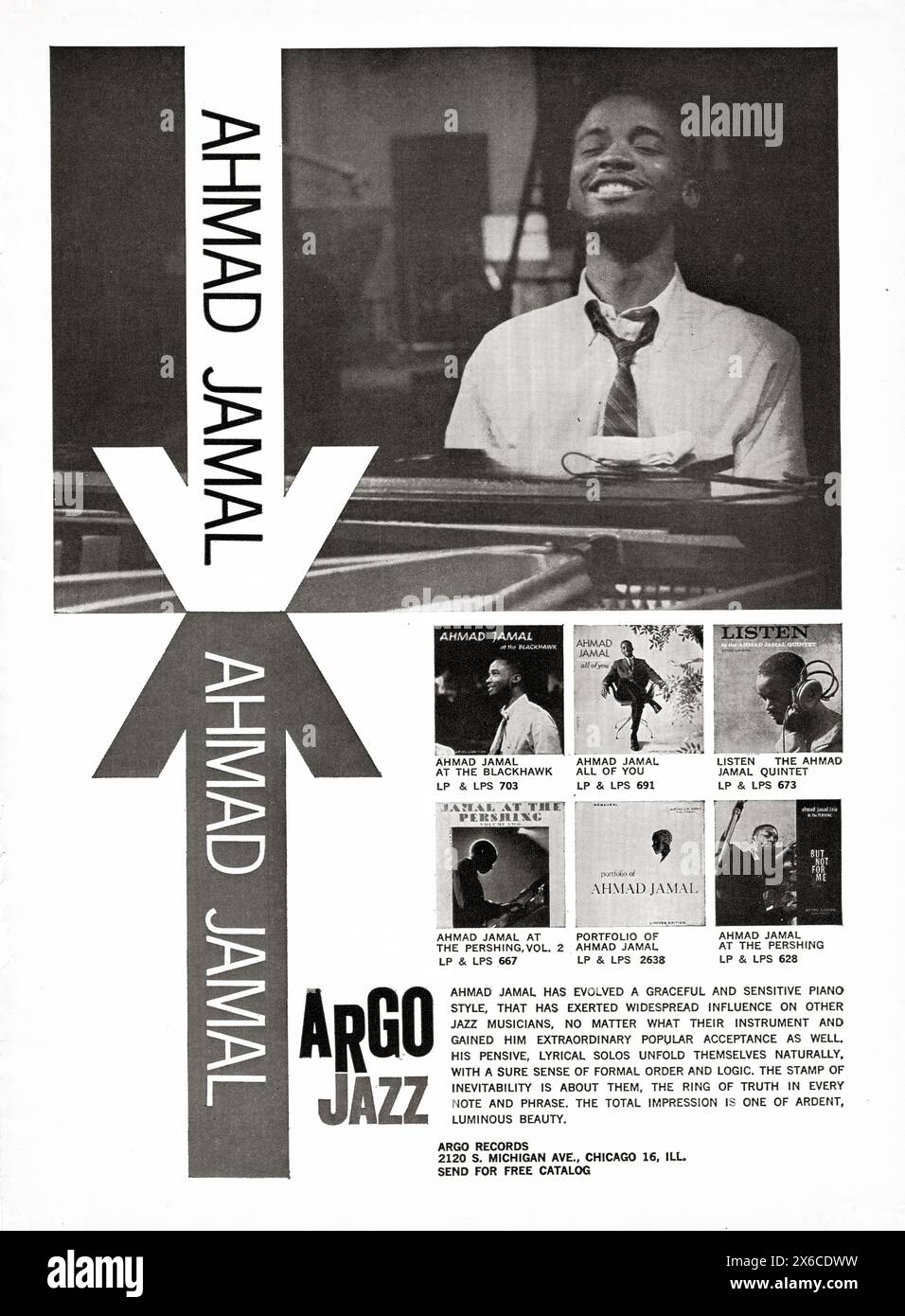 Una rivista pubblicitaria per gli album di Ahamd Jamal LP dell'etichetta jazz Argo. Da una rivista musicale del 1963. Foto Stock