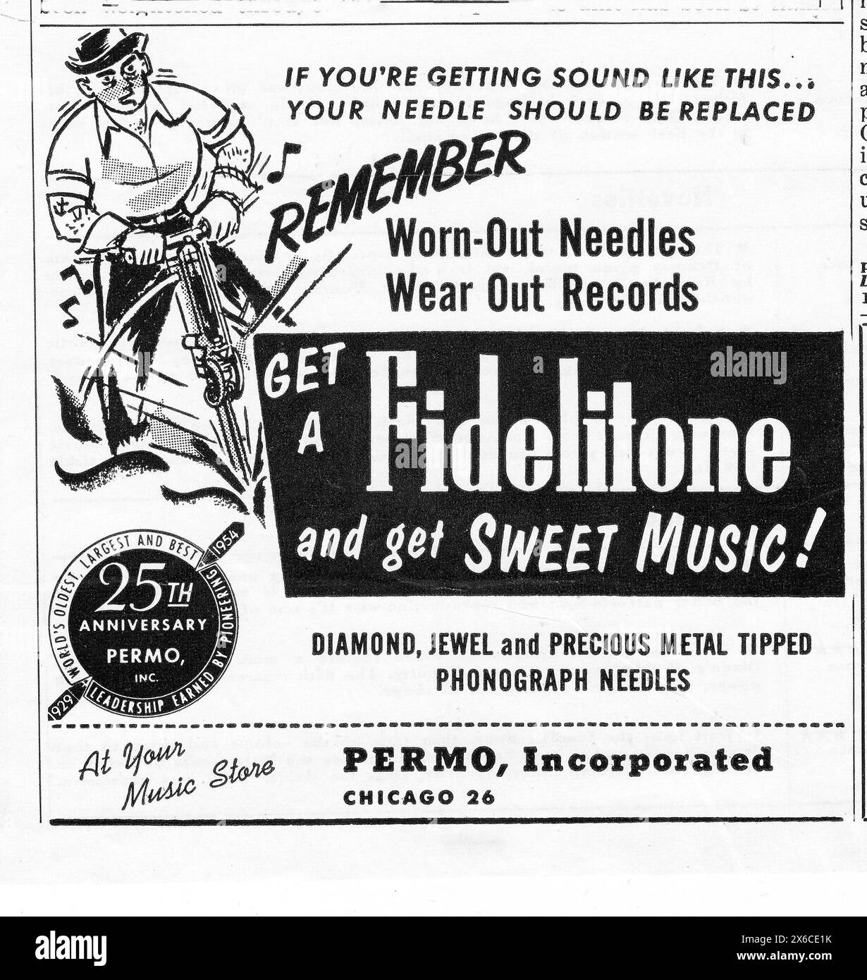Un annuncio da una rivista del 1954 per aghi fonografici Fidelitone. Foto Stock