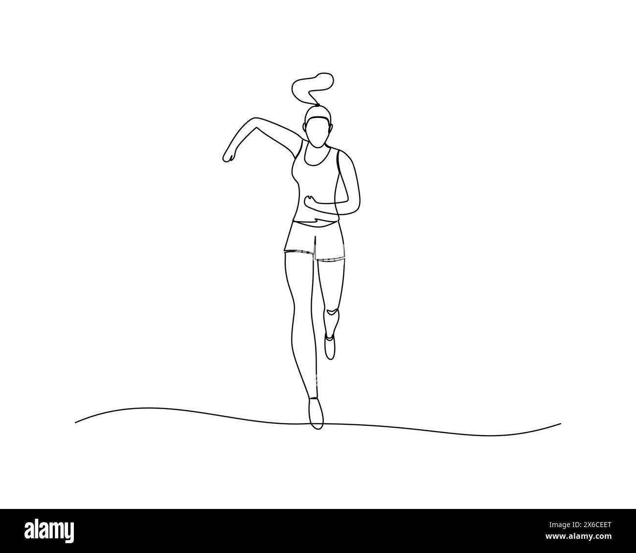 Disegno continuo a linea singola della vista frontale di una giovane donna che fa jogging per essere più sano. Illustrazione vettoriale del concetto di allenamento sportivo sano Illustrazione Vettoriale