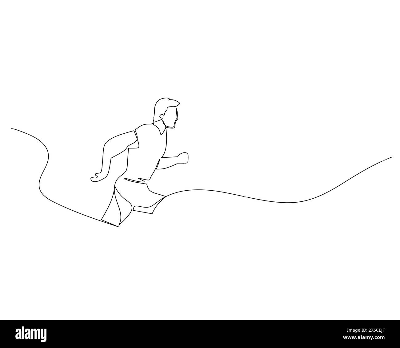 Disegno continuo su linea singola della vista laterale di un adulto disabile che corre su una pista in salita. Concetto di allenamento sportivo salutare. Evento del concorso. Illustrazione Vettoriale