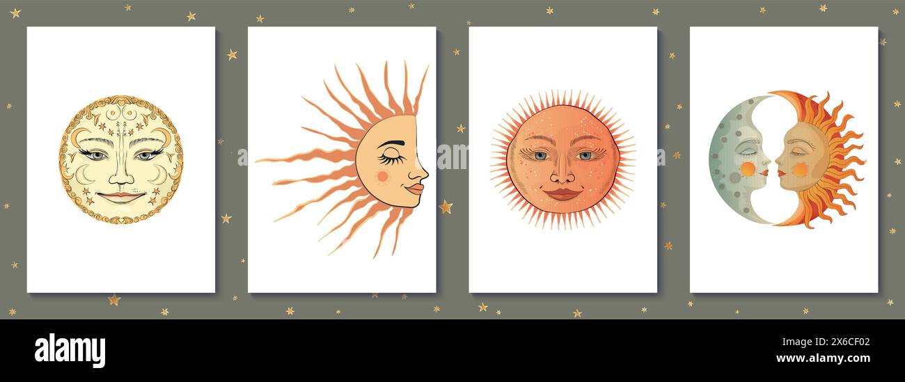 Serie unica di illustrazioni vettoriali con immagini stilizzate di sole e luna con un'atmosfera mistica e motivi ispirati al folklore. Ogni illustrazione i Illustrazione Vettoriale