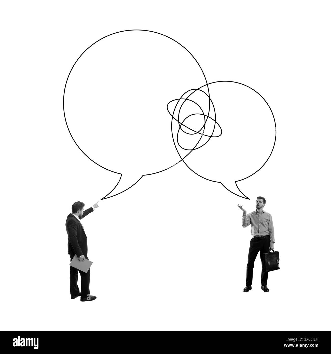 Collaborazione aziendale e dialogo strategico. Due uomini d'affari con bolle di discorso in testa. Collage d'arte contemporanea. Foto Stock