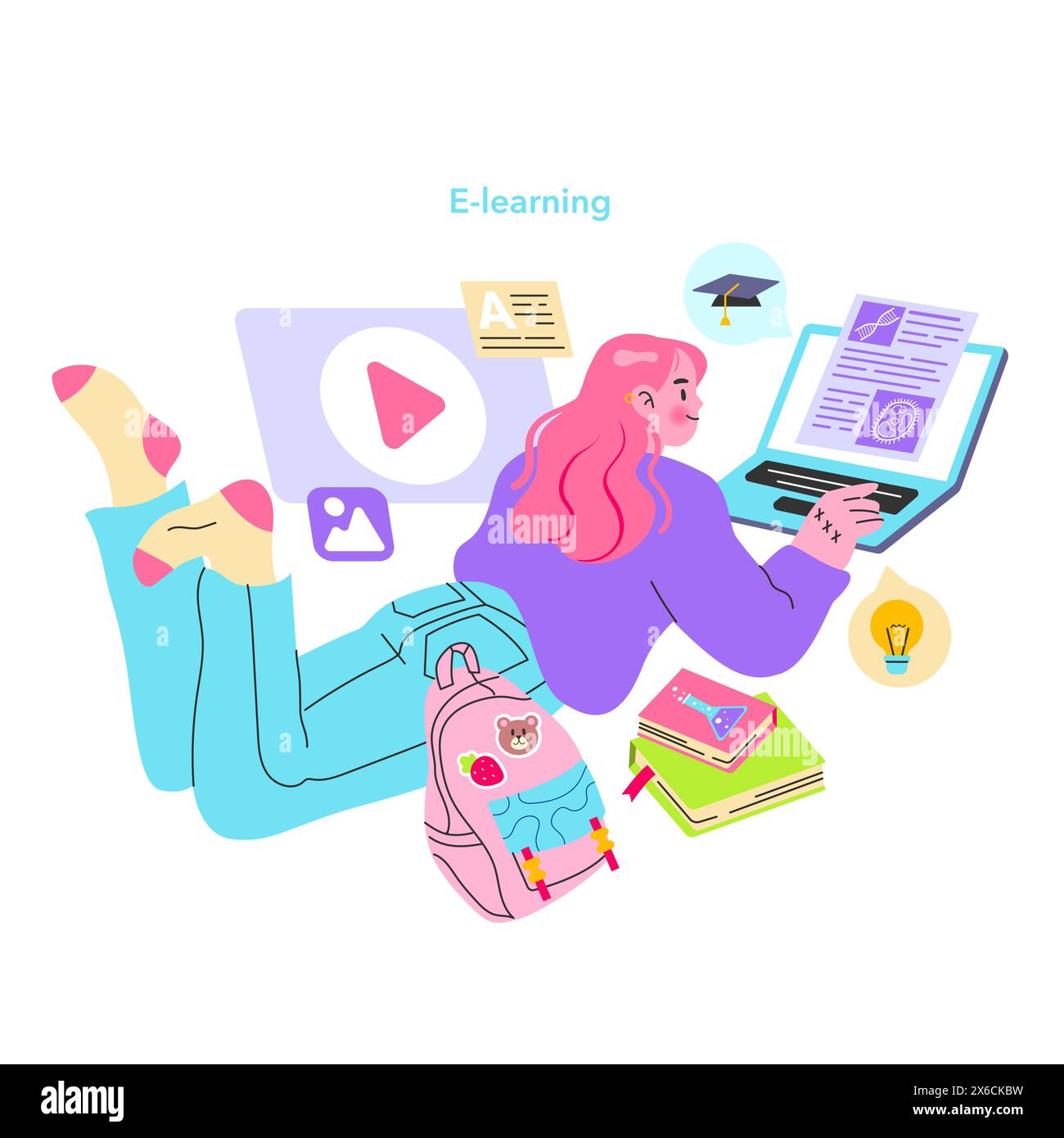 Concetto di nativi digitali. Giovane donna impegnata nella formazione online con varie icone di e-learning e una giocosa combinazione di colori. Illustrazione di un ambiente di apprendimento confortevole. Illustrazione vettoriale. Illustrazione Vettoriale
