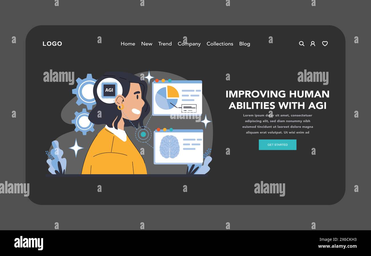 Pagina Web o pagina di destinazione in modalità notte o buio AGI. Migliorare le funzioni cognitive e il processo decisionale con l'intelligenza artificiale. Elevare il potenziale umano attraverso la tecnologia. Illustrazione vettoriale piatta. Illustrazione Vettoriale