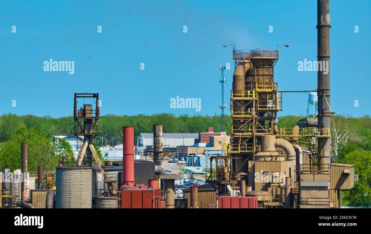Vista aerea del complesso industriale attivo con fumo a Warsaw, Indiana Foto Stock