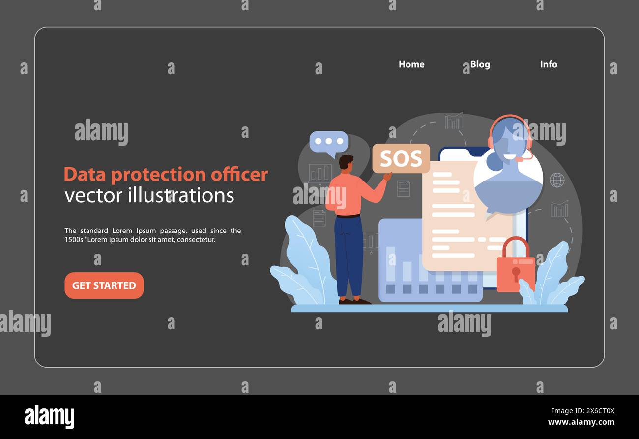 Concetto di responsabile della protezione dei dati. Un uomo vigile segnala un SOS mentre un rappresentante dedicato con le cuffie ti aspetta, garantendo sicurezza informatica in mezzo alla città. Il lucchetto rosso indica una sicurezza rigorosa. Illustrazione Vettoriale