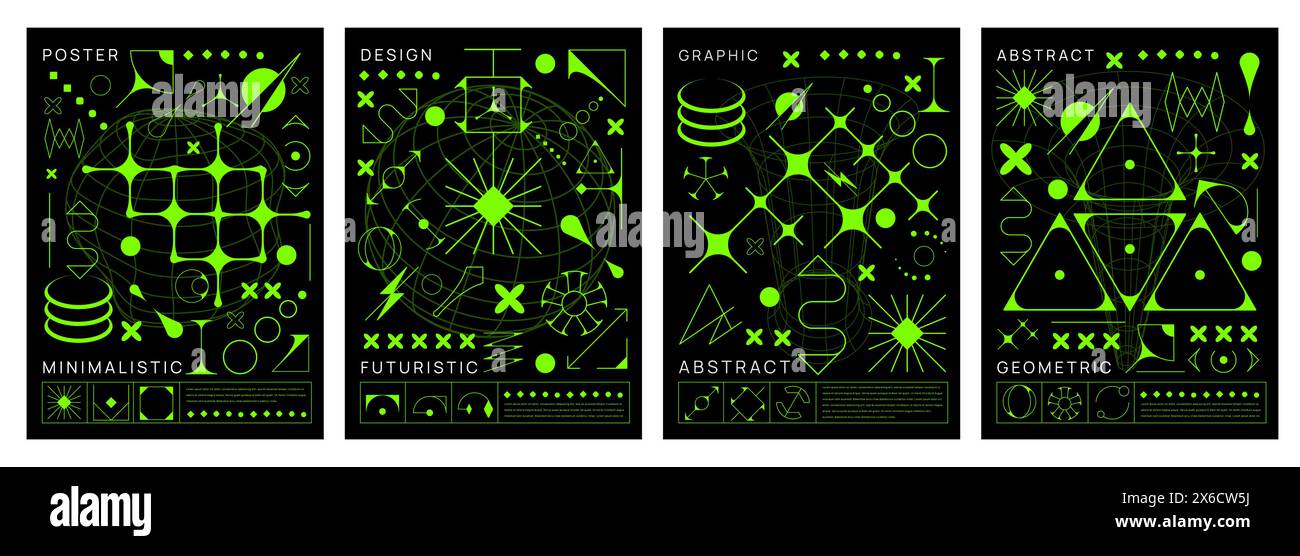 Poster ACID Brutal y2k con forme geometriche vettoriali ed elementi grafici astratti. Linea verde neon con stelle, pianeta e sole figure futuristiche alla moda, forme e forme a griglia a reticolo Illustrazione Vettoriale