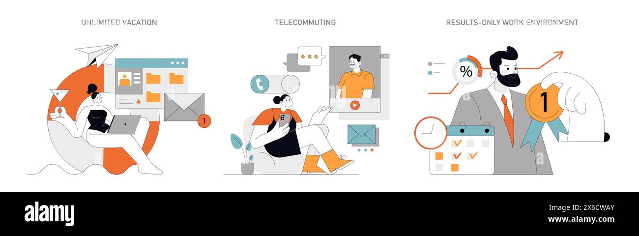 Modelli di lavoro ibridi Concept bilanciamento del tempo libero e del lavoro con ferie illimitate e telelavoro dando priorità ai risultati in ambienti di lavoro dinamici illustrazione vettoriale Illustrazione Vettoriale