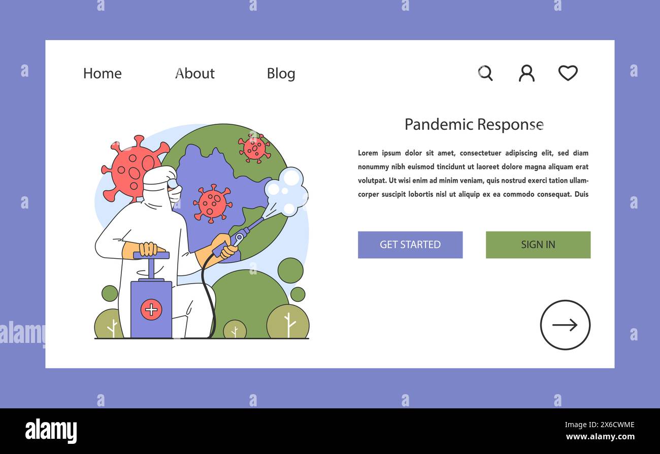 Concetto di risposta alle pandemie. Operatore sanitario dedicato che sanitizza il globo, simboleggiando gli sforzi globali per combattere le malattie infettive. Vigilanza e tutela della salute pubblica. Illustrazione vettoriale piatta. Illustrazione Vettoriale