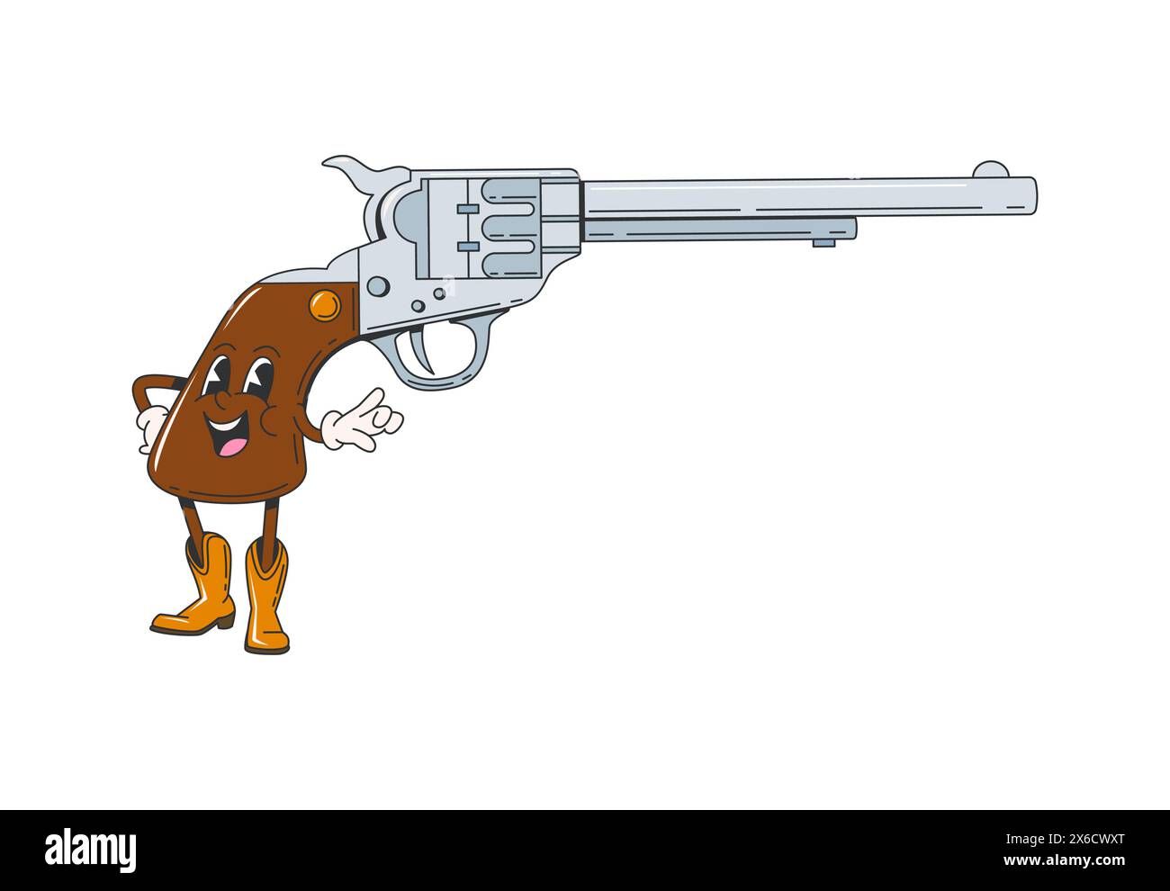 Cartoni animati retro Groovy Wild West revolver personaggio. Cowboy western vettoriale isolato con pistola a sei colpi di pistola, con occhi affilati e sorriso malizioso, pronto per un duello. Pistola d'epoca Texas Weapon Illustrazione Vettoriale