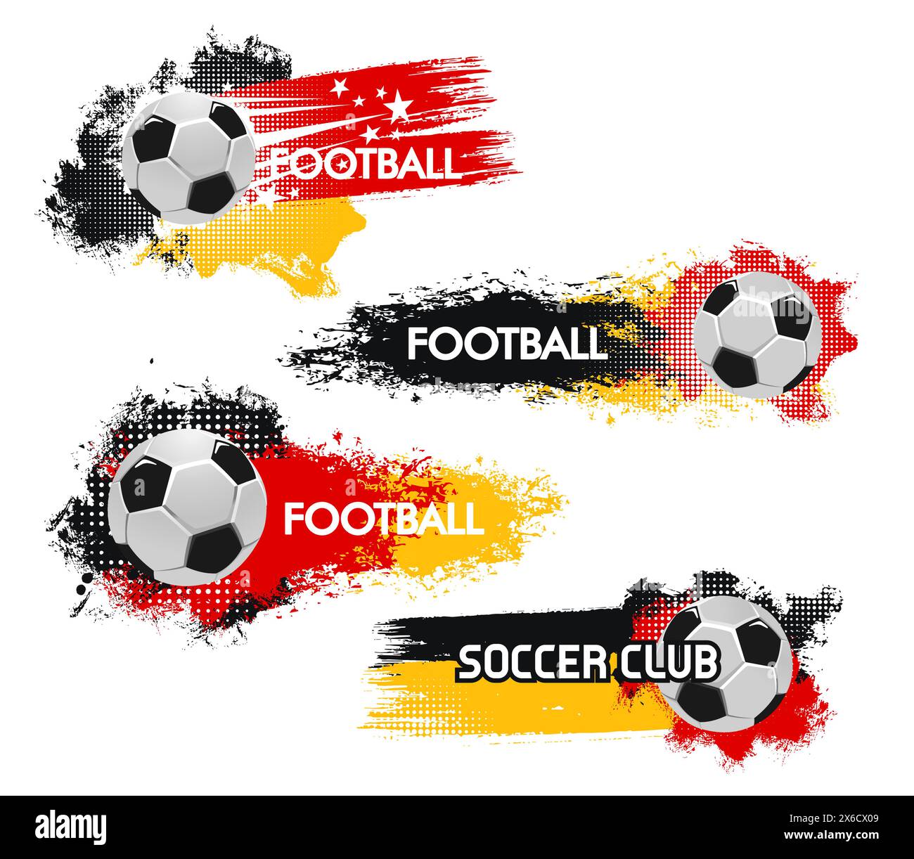 Germania 2024 euro Coppa di calcio striscioni grunge per promozioni club sportivi. Palloni da calcio vettoriali dinamici con vivaci spruzzi di mezzitoni o percorsi di movimento nei colori rosso, giallo e nero della squadra tedesca Illustrazione Vettoriale