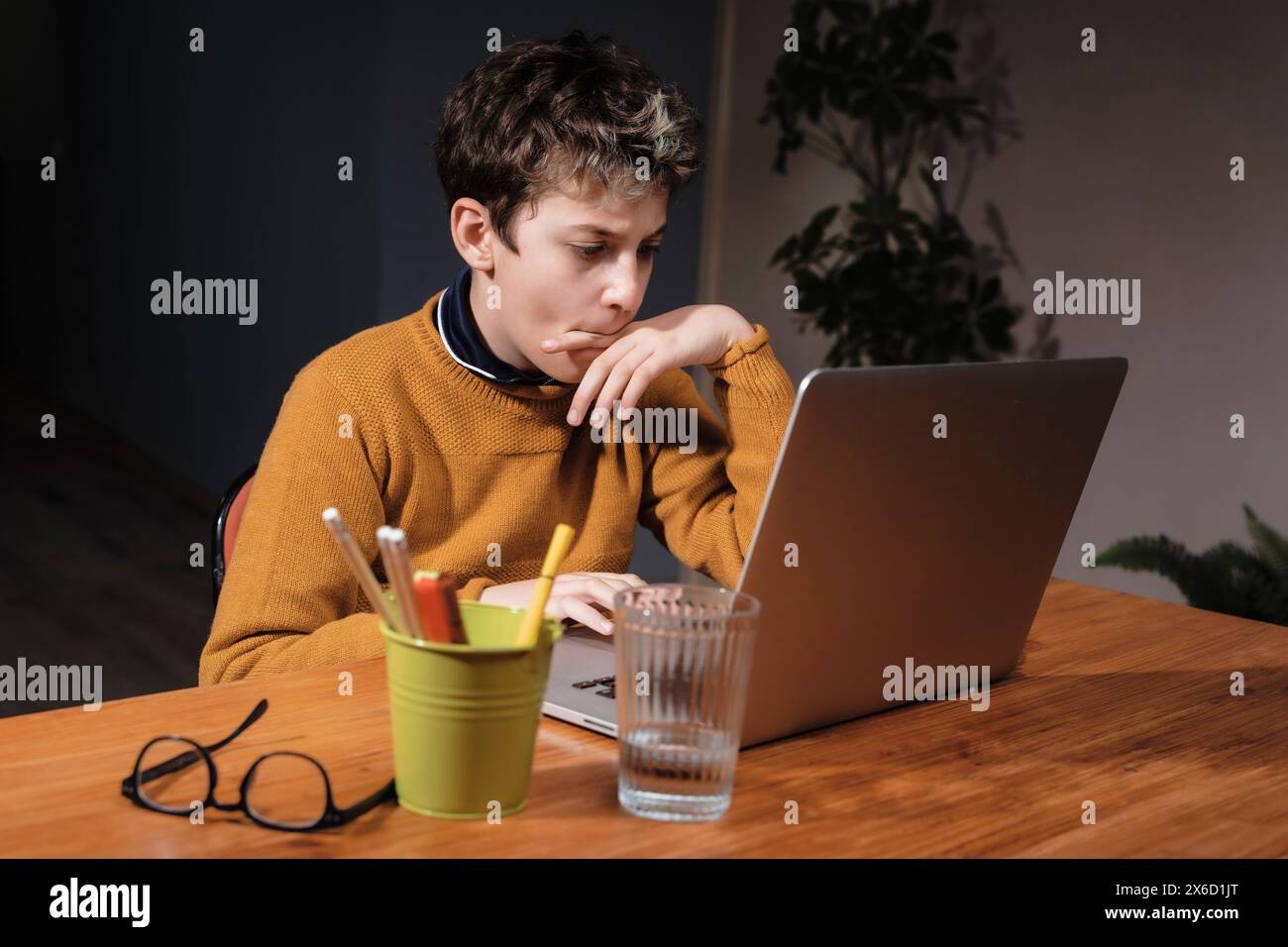 Adolescenti che studiano a casa con un notebook, concentrati e produttivi, circondati da materiali di studio, in un ambiente accogliente. Foto Stock