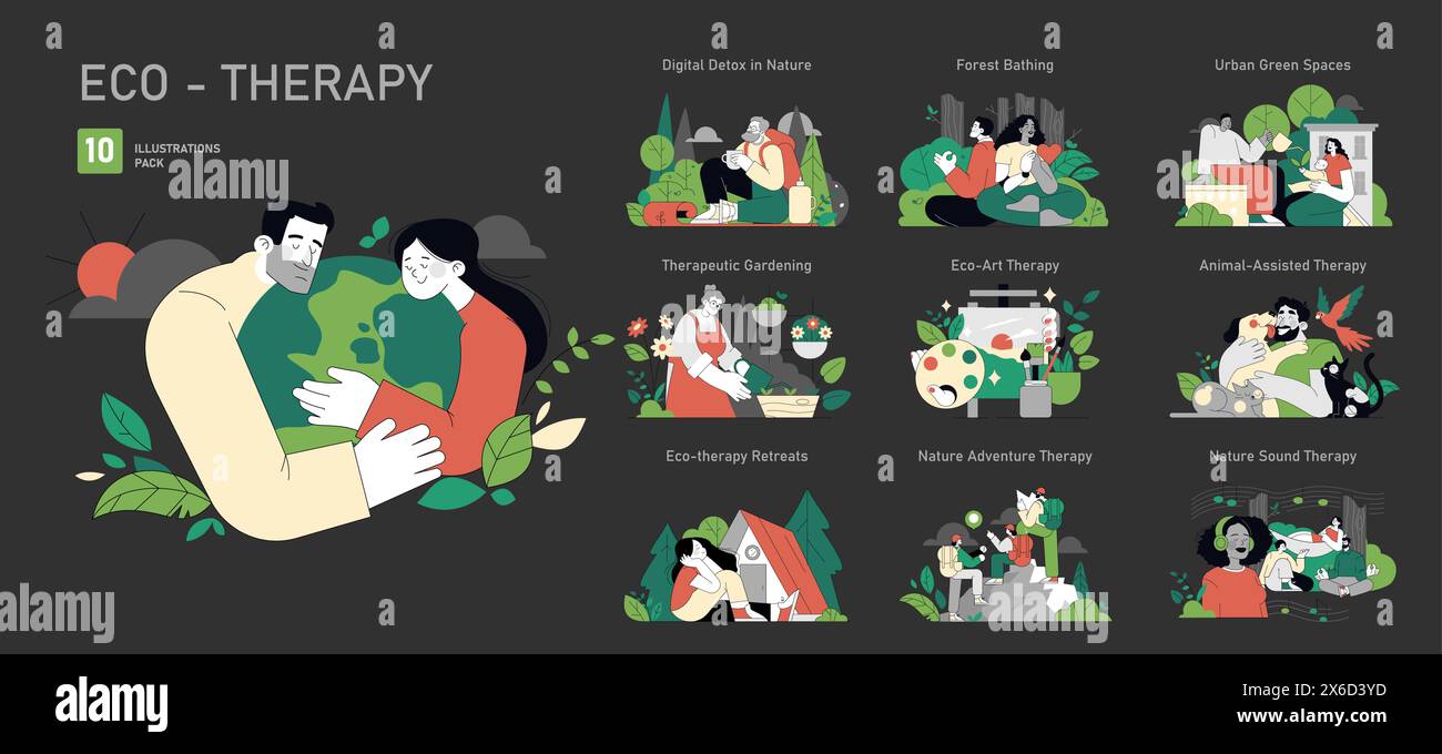 Set per eco-terapia. Illustrazioni che mostrano il tocco curativo della natura con varie attività benessere. Giardinaggio terapeutico, arte e interazione con gli animali. Illustrazione vettoriale. Illustrazione Vettoriale