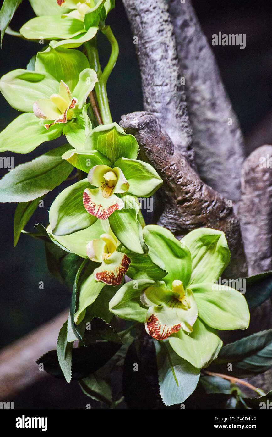 Vivace primo piano con orchidee verdi e Maroon Highlights, ambiente tropicale Foto Stock
