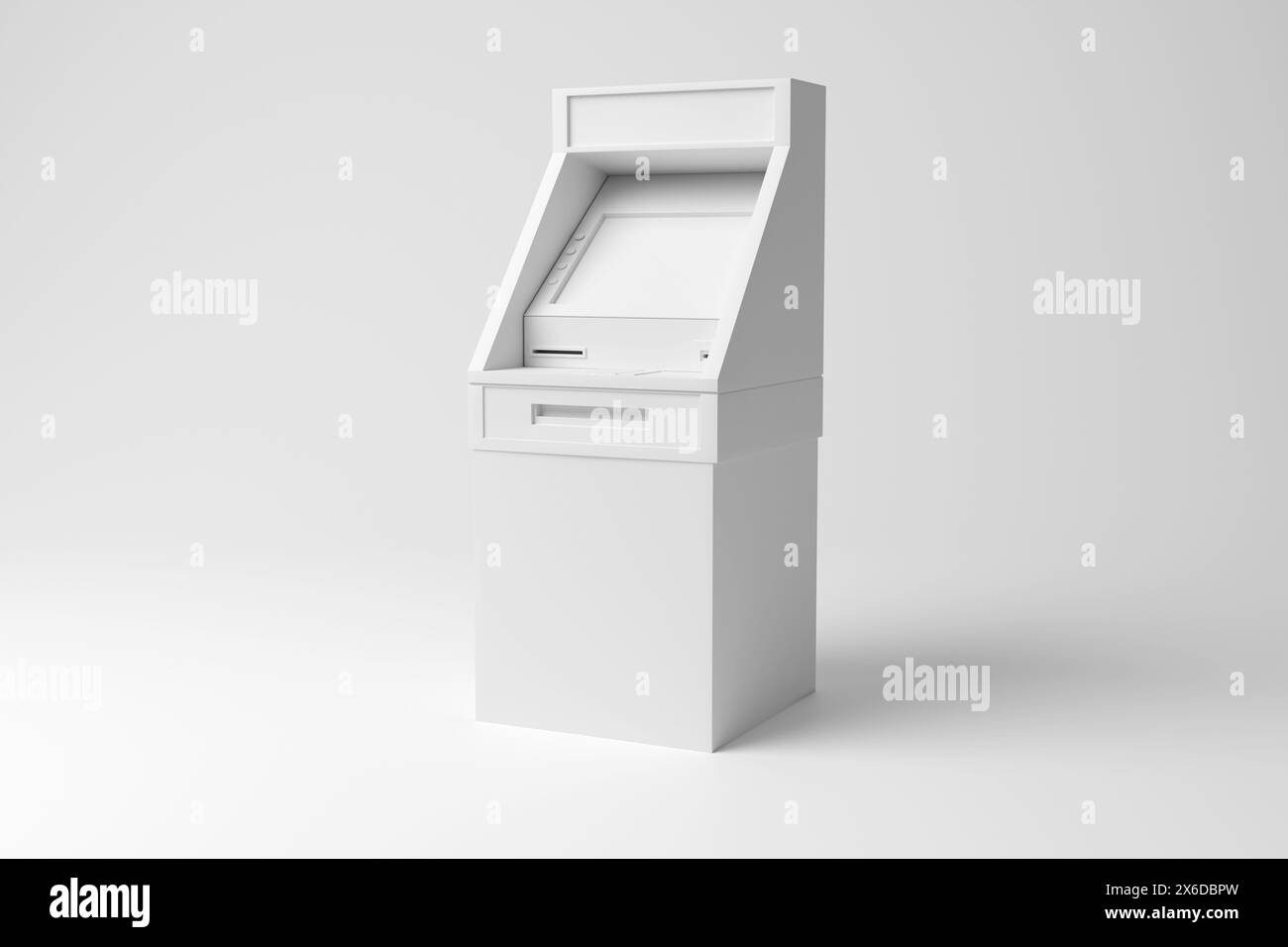 Bancomat (sportellino automatico) bianco su sfondo bianco monocromatico e minimalista. Concetto di servizi bancari, prelievo di denaro e deposito in contanti Foto Stock