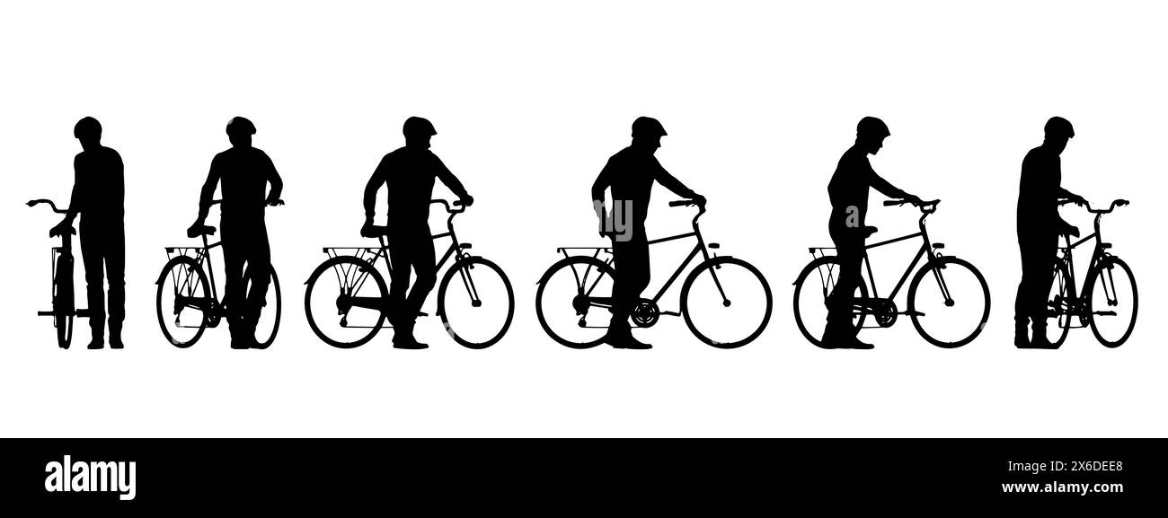 Concept silhouette nera concettuale di un uomo in bicicletta da diverse prospettive isolata sul bianco. illustrazione 3d come metafora dello sport Foto Stock
