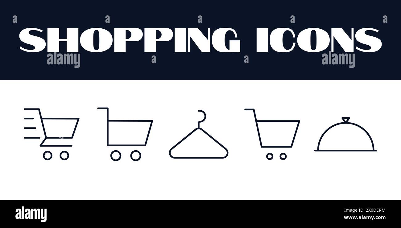 Icone dello shopping Set Vector. Icone delle illustrazioni per lo shopping online. carrello della spesa, vettore carrello della spesa icone ordine online vettore Illustrazione Vettoriale