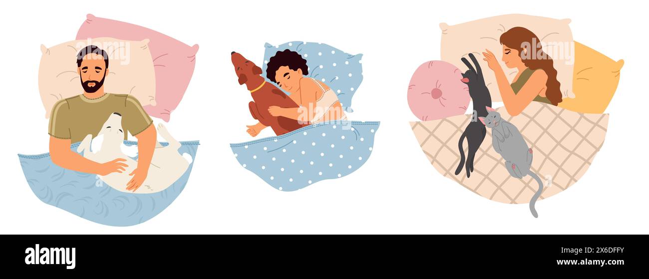 Persone felici e rilassate che si coccolano riposando con gli animali domestici a letto Illustrazione Vettoriale