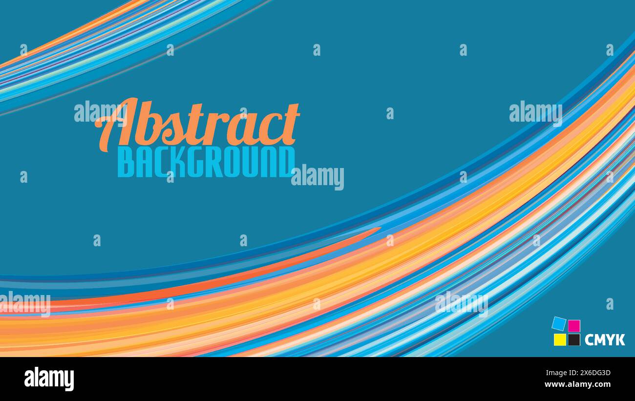 Strisce curve in arancione cadmio astratto su sfondo blu. Pattern grafico vettoriale. Colori CMYK Illustrazione Vettoriale