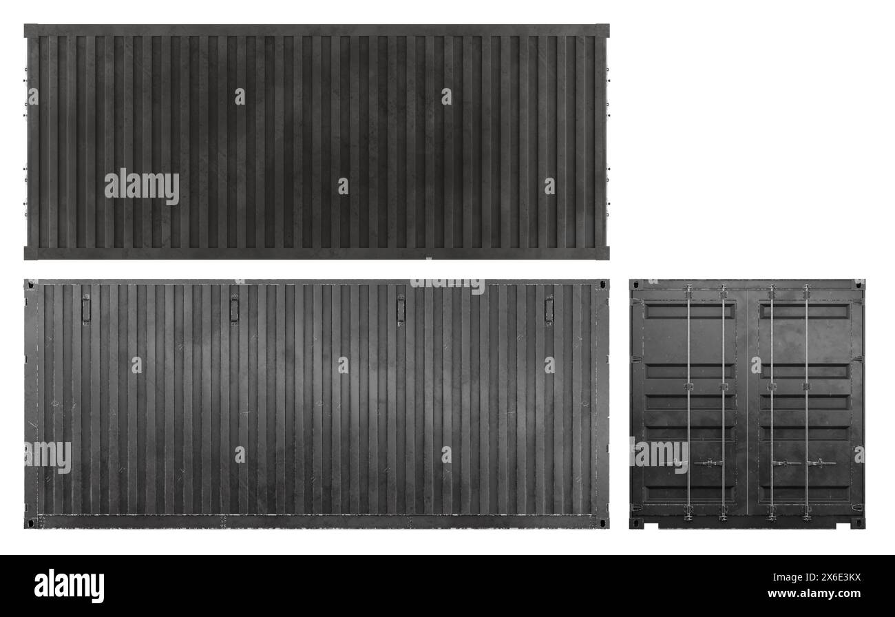 illustrazione di rendering 3d di una serie di container di carico in più viste isometriche ortograppiche. Aperto e chiuso. Colore nero. Foto Stock